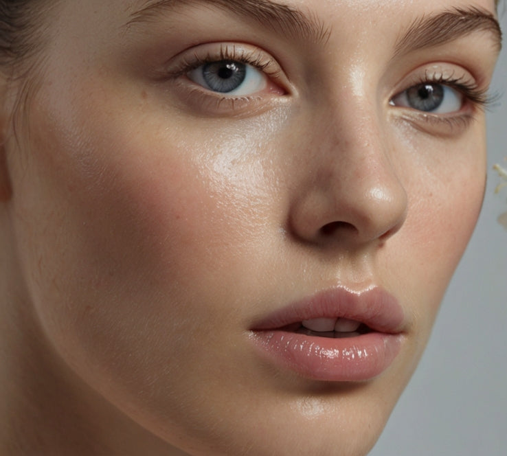 Close-up of a woman's face with a branch of white flowers on a gray background